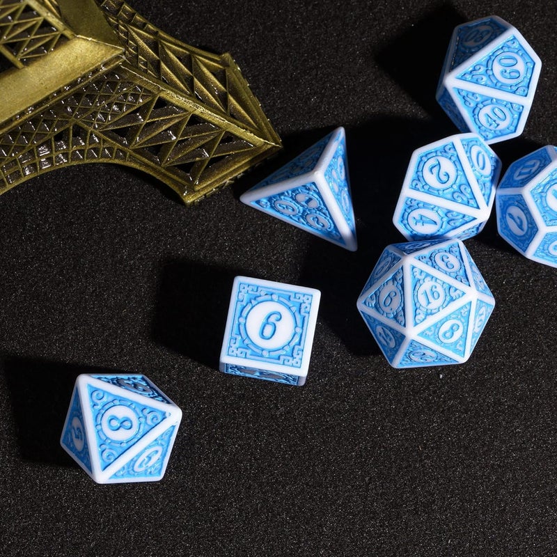 Poludie 7PCs DND Dice Set, Unique Window Lattice Pattern D&D Dice Set with Leather Die Bag, Polyhedral Die for RPG Table Games (Blue/White) - Image 5
